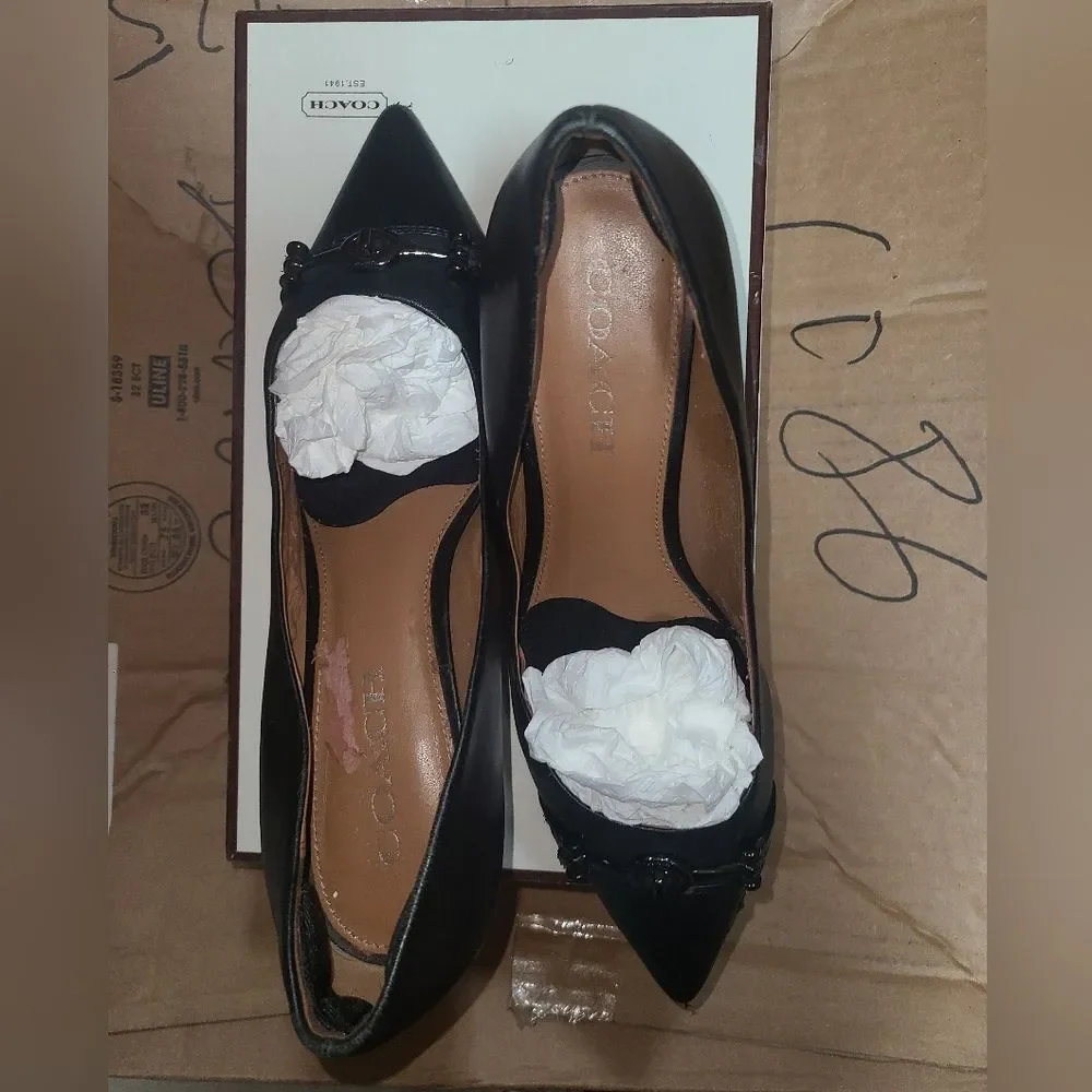 Coach Designer Pointed Heel Stiletto Black Leather Women's Kitten Low Heels 8B